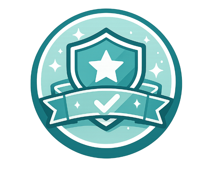 Quality assurance badge icon showing shield with star and checkmark representing trusted content quality