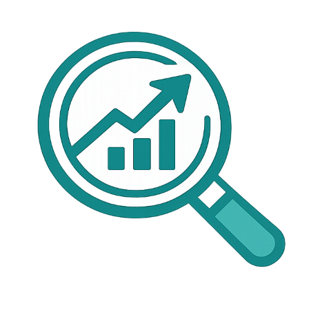 SEO analysis icon showing magnifying glass with upward growth chart and arrow