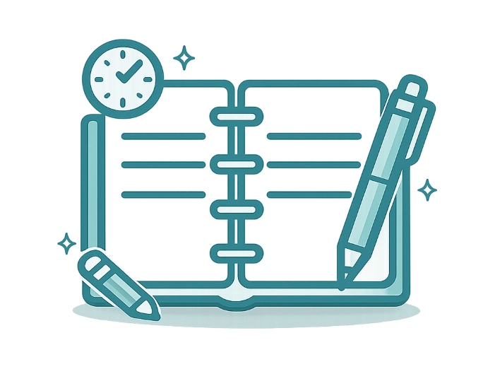 Content planning icon showing notebook, pen and clock representing content creation scheduling