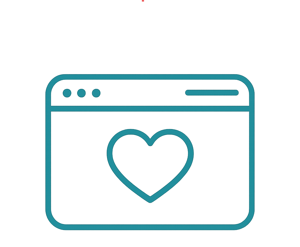 Website design services icon showing a browser window with a heart representing user friendly web design