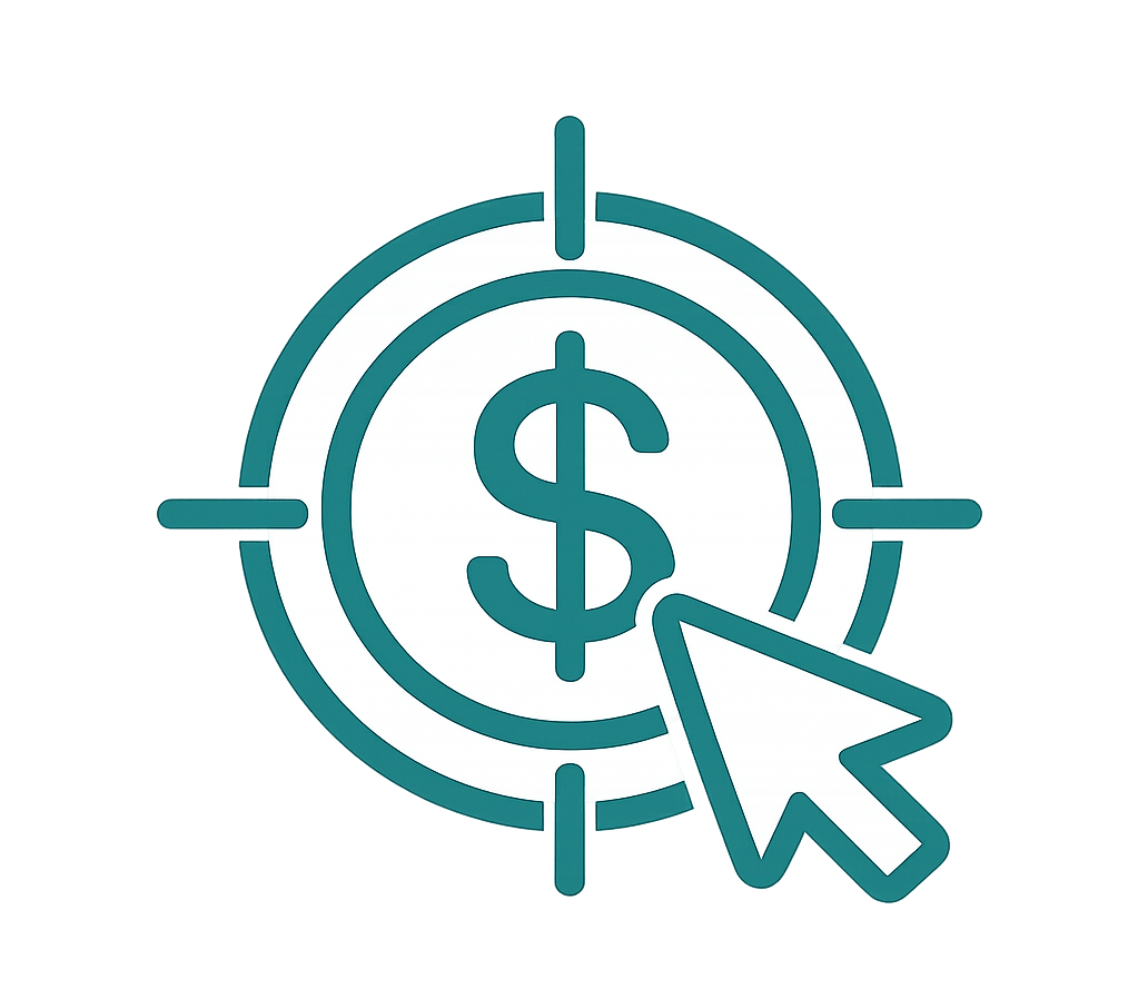 Google Ads PPC advertising icon showing target with dollar sign and click cursor