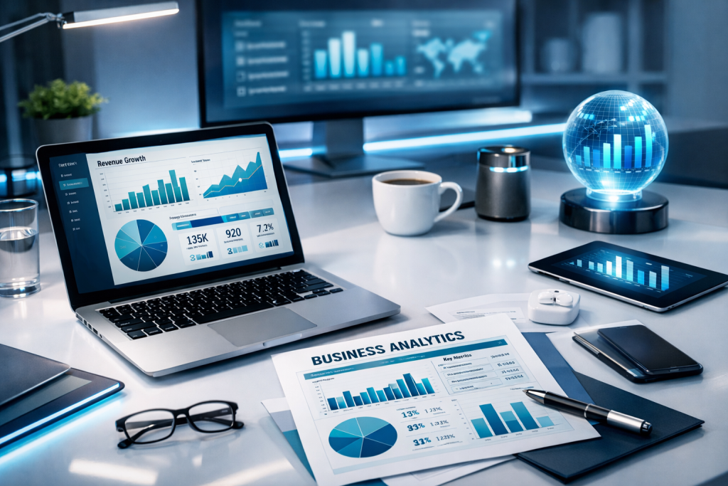Business analytics workspace showing revenue growth charts and marketing performance data across devices