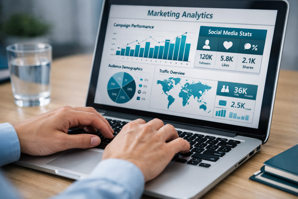 Marketing analytics dashboard showing campaign performance, social media stats and audience demographics on laptop
