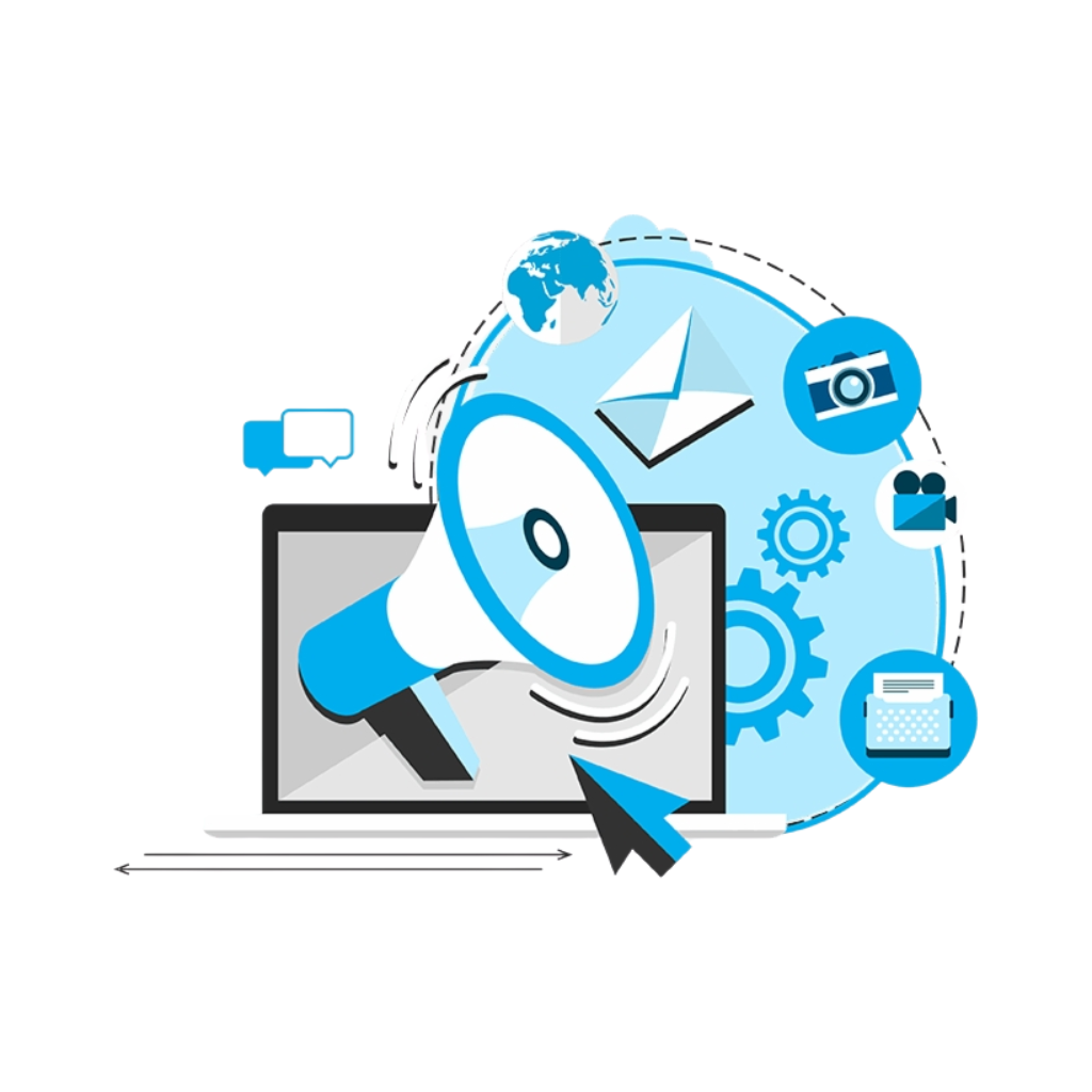 Digital marketing illustration showing megaphone with email, camera, video and content icons for online promotion