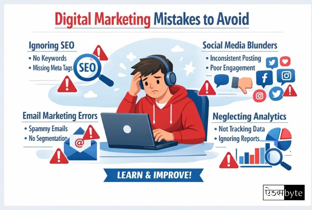 Common digital marketing mistakes to avoid - SEO errors, social media blunders, email marketing and analytics tracking issues