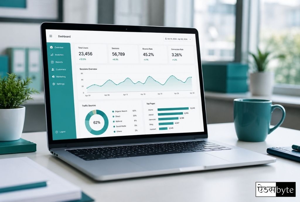 Addsbyte digital marketing analytics dashboard showing website traffic, sessions and conversion rate data